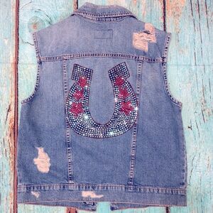 True Religion Custom Designed Distressed Denim Jean Jacket Vest